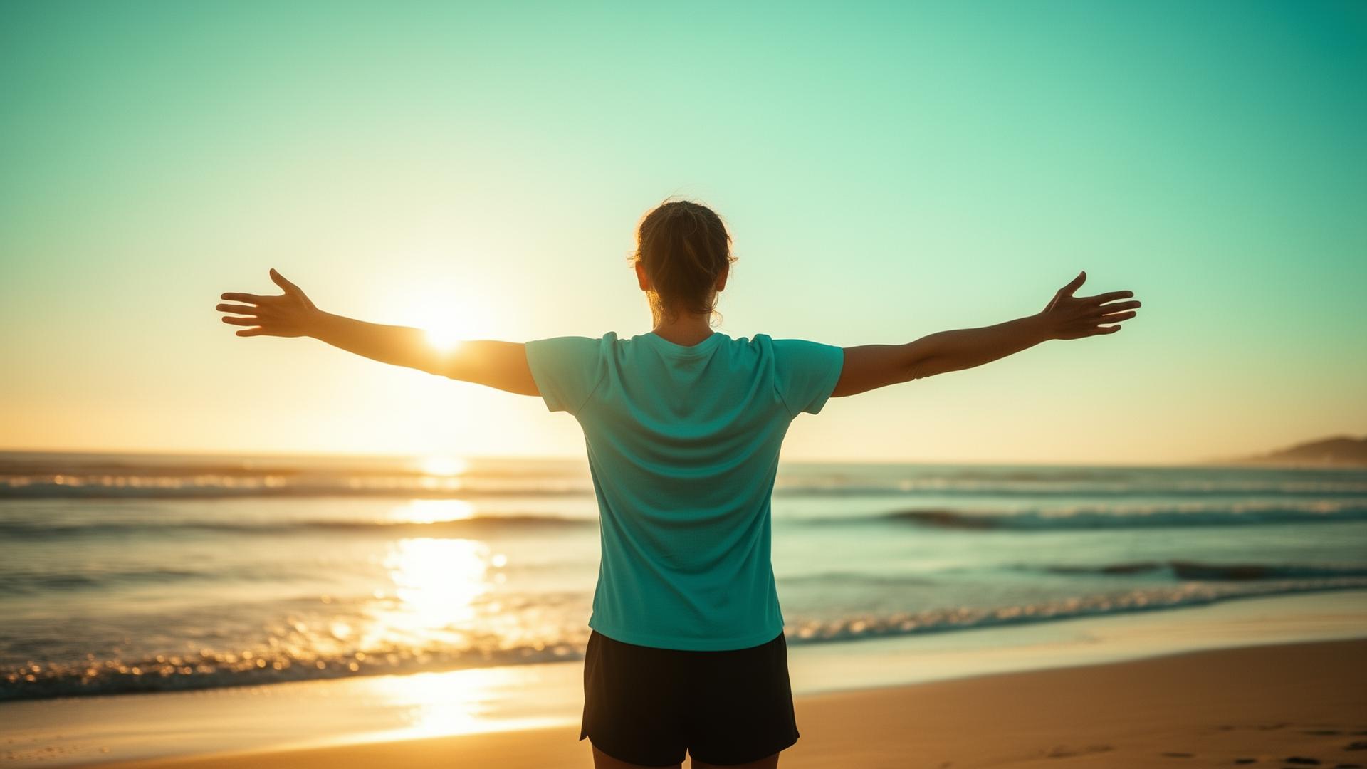 Woman with arms outstretched at sunrise on the beach, symbolizing freedom from medication